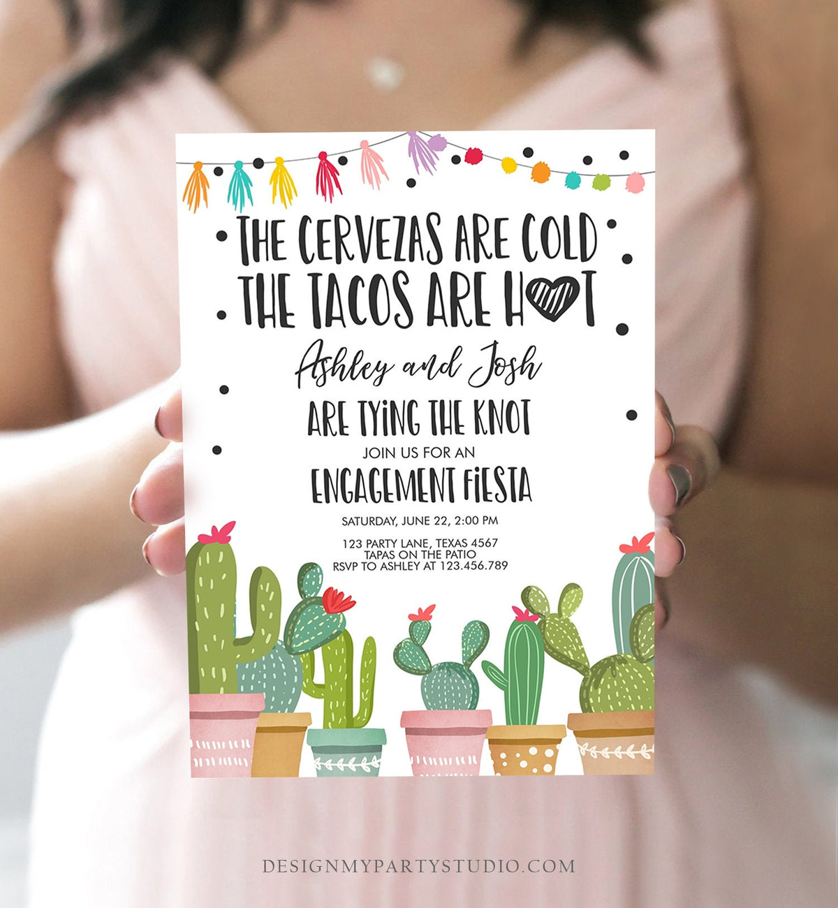Editable Fiesta Engagement Invitation Bridal Shower Couples Shower Cactus Cervezas Cold Tacos Hot Tying Knot Printable Corjl Template 0254