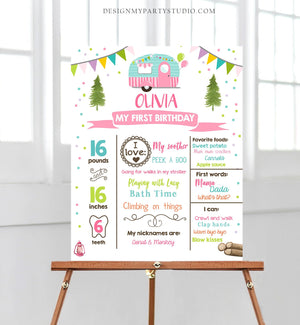 Editable Happy Camper Birthday Milestones Sign ANY AGE Pink Camper Girl Glamping Party Decoration Download Template Printable Corjl 0342