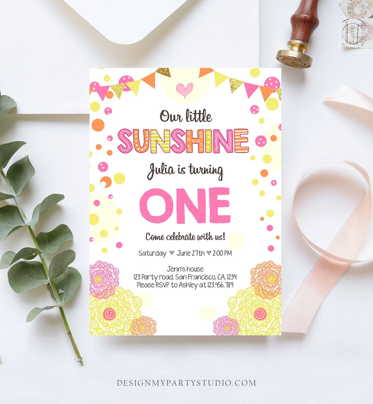 Editable Our Little Sunshine Birthday Invitation You Are My Sunshine First Birthday 1st Party Yellow Pink Girl Download Corjl Template 0239