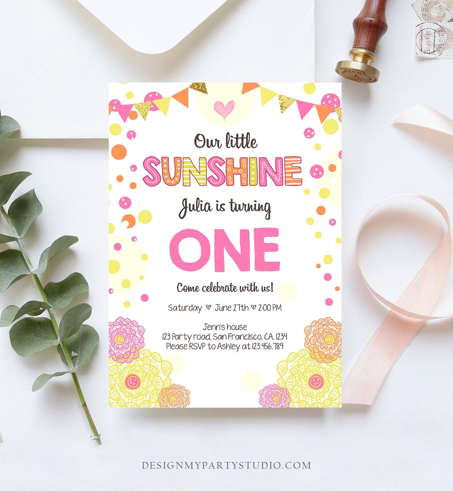 Editable Our Little Sunshine Birthday Invitation You Are My Sunshine First Birthday 1st Party Yellow Pink Girl Download Corjl Template 0239