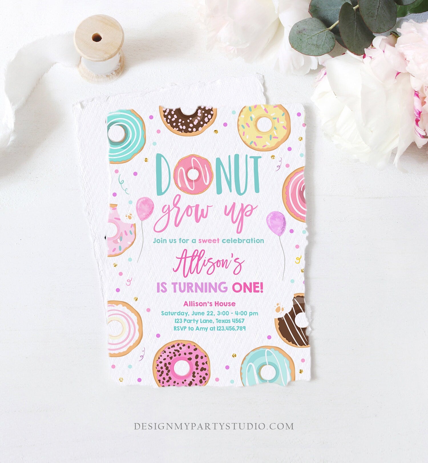 Editable Donut Grow Up Birthday Invitation First Birthday Party 1st Pink Gold Girl Doughnut Sweet One Download Corjl Template Printable 0343