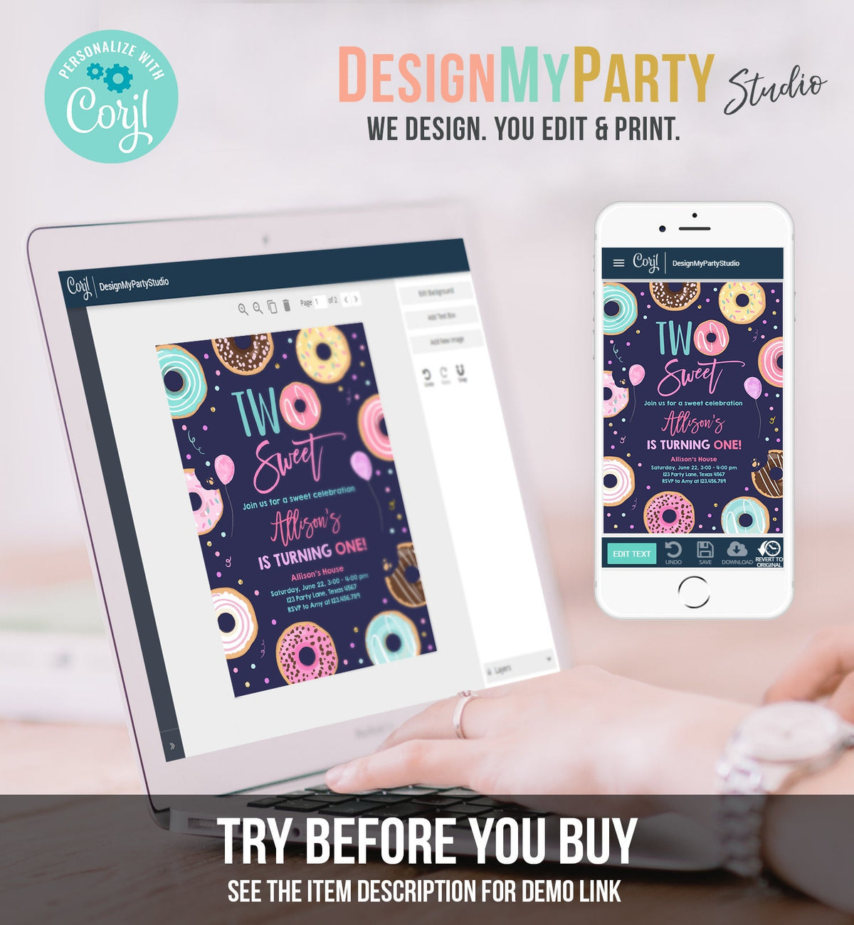 Editable Donut Two Sweet Birthday Invitation Second Birthday Party 2nd Pink Gold Girl Doughnut Pastel Download Corjl Template Printable 0343