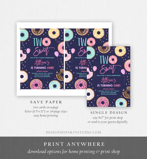 Editable Donut Two Sweet Birthday Invitation Second Birthday Party 2nd Pink Gold Girl Doughnut Pastel Download Corjl Template Printable 0343