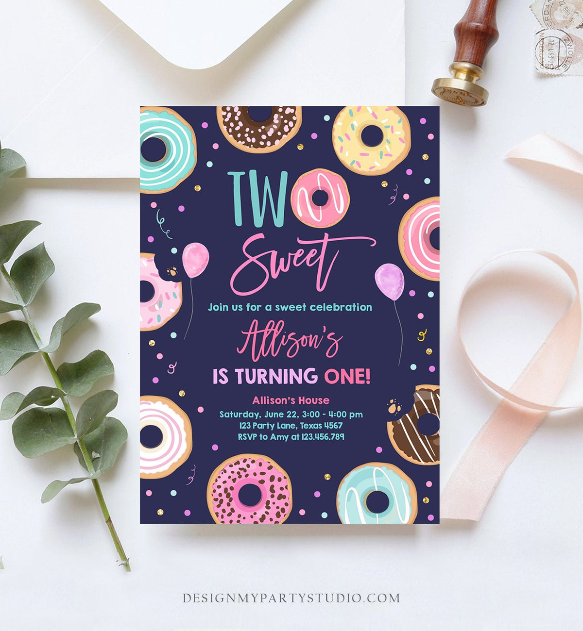 Editable Donut Two Sweet Birthday Invitation Second Birthday Party 2nd Pink Gold Girl Doughnut Pastel Download Corjl Template Printable 0343