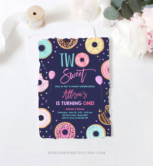 Editable Donut Two Sweet Birthday Invitation Second Birthday Party 2nd Pink Gold Girl Doughnut Pastel Download Corjl Template Printable 0343