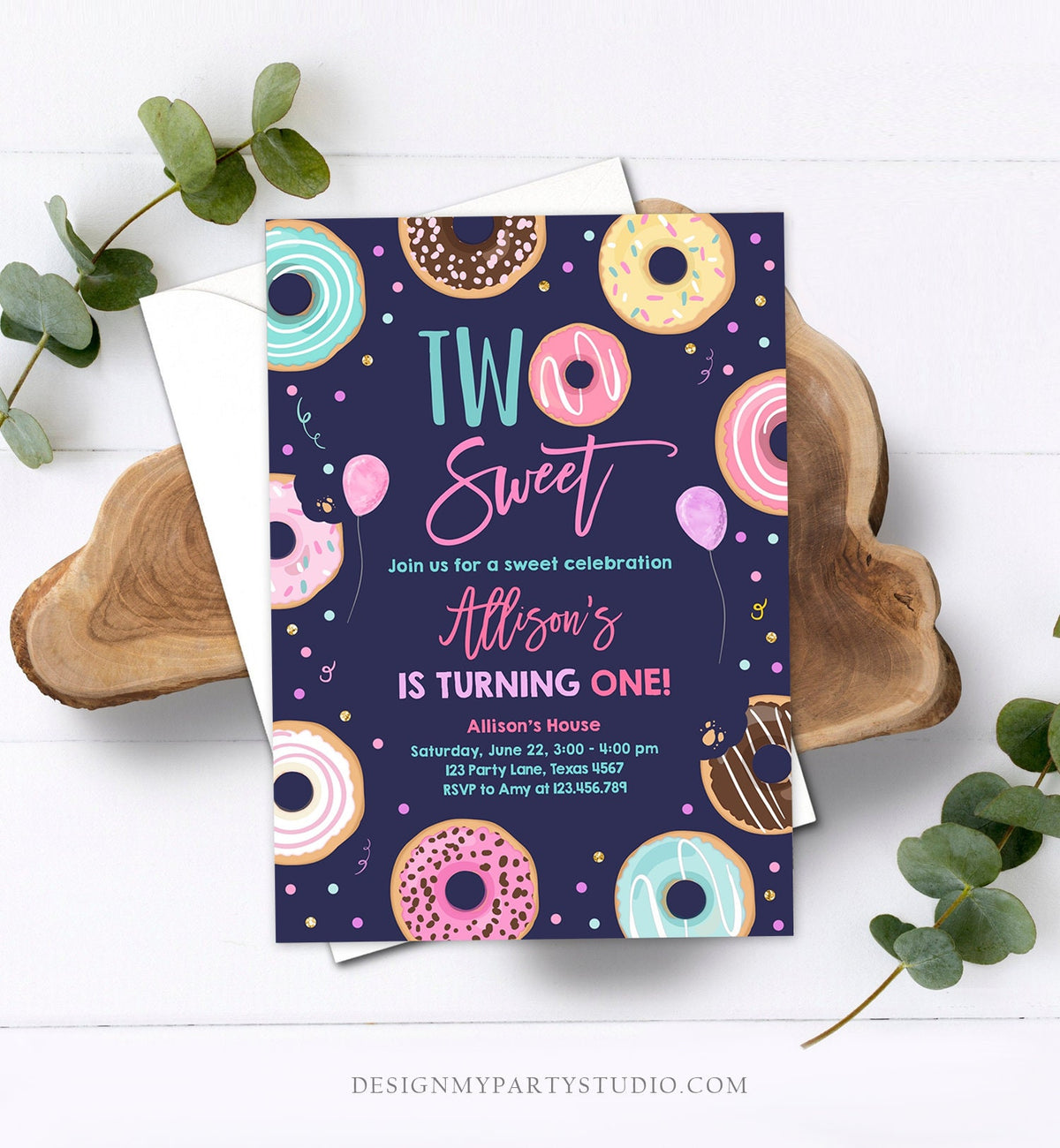 Editable Donut Two Sweet Birthday Invitation Second Birthday Party 2nd Pink Gold Girl Doughnut Pastel Download Corjl Template Printable 0343