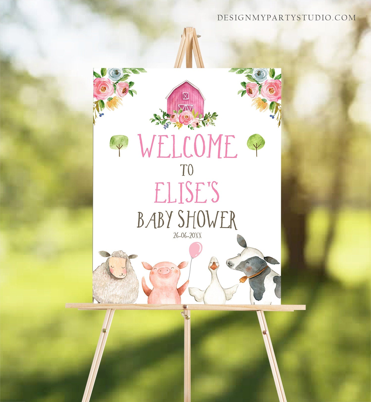 Editable Farm Baby Shower Welcome Sign Girl Barnyard Birthday Welcome Sign Farm Animals Birthday Welcome Girl Template Corjl PRINTABLE 0155