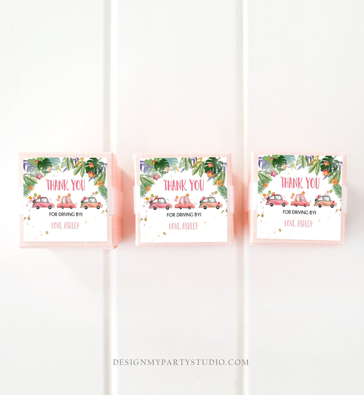 Editable Drive By Favor Tag Thank You Driving By Baby Shower Birthday Parade Gift Tags Quarantine Pink Tropical Car Girl Corjl Template 0335