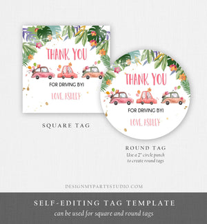 Editable Drive By Favor Tag Thank You Driving By Baby Shower Birthday Parade Gift Tags Quarantine Pink Tropical Car Girl Corjl Template 0335
