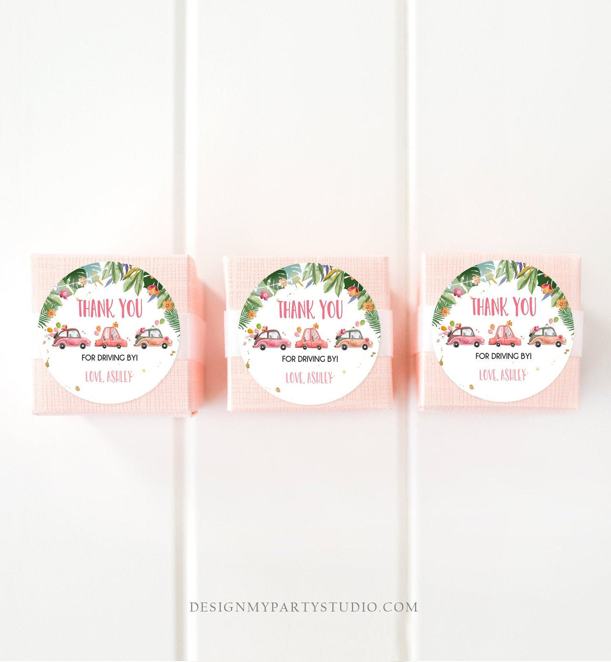 Editable Drive By Favor Tag Thank You Driving By Baby Shower Birthday Parade Gift Tags Quarantine Pink Tropical Car Girl Corjl Template 0335