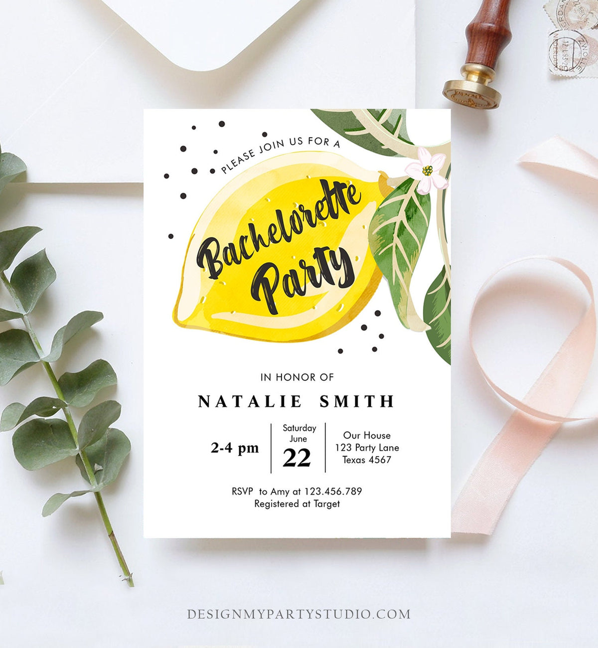 Editable Lemon Bachelorette Party Invitation Bohemian Citrus Rustic Greenery Summer Shower Lemonade Download Corjl Template Printable 0307