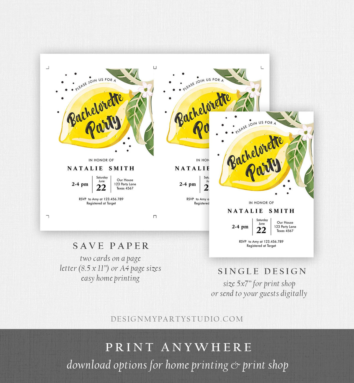 Editable Lemon Bachelorette Party Invitation Bohemian Citrus Rustic Greenery Summer Shower Lemonade Download Corjl Template Printable 0307