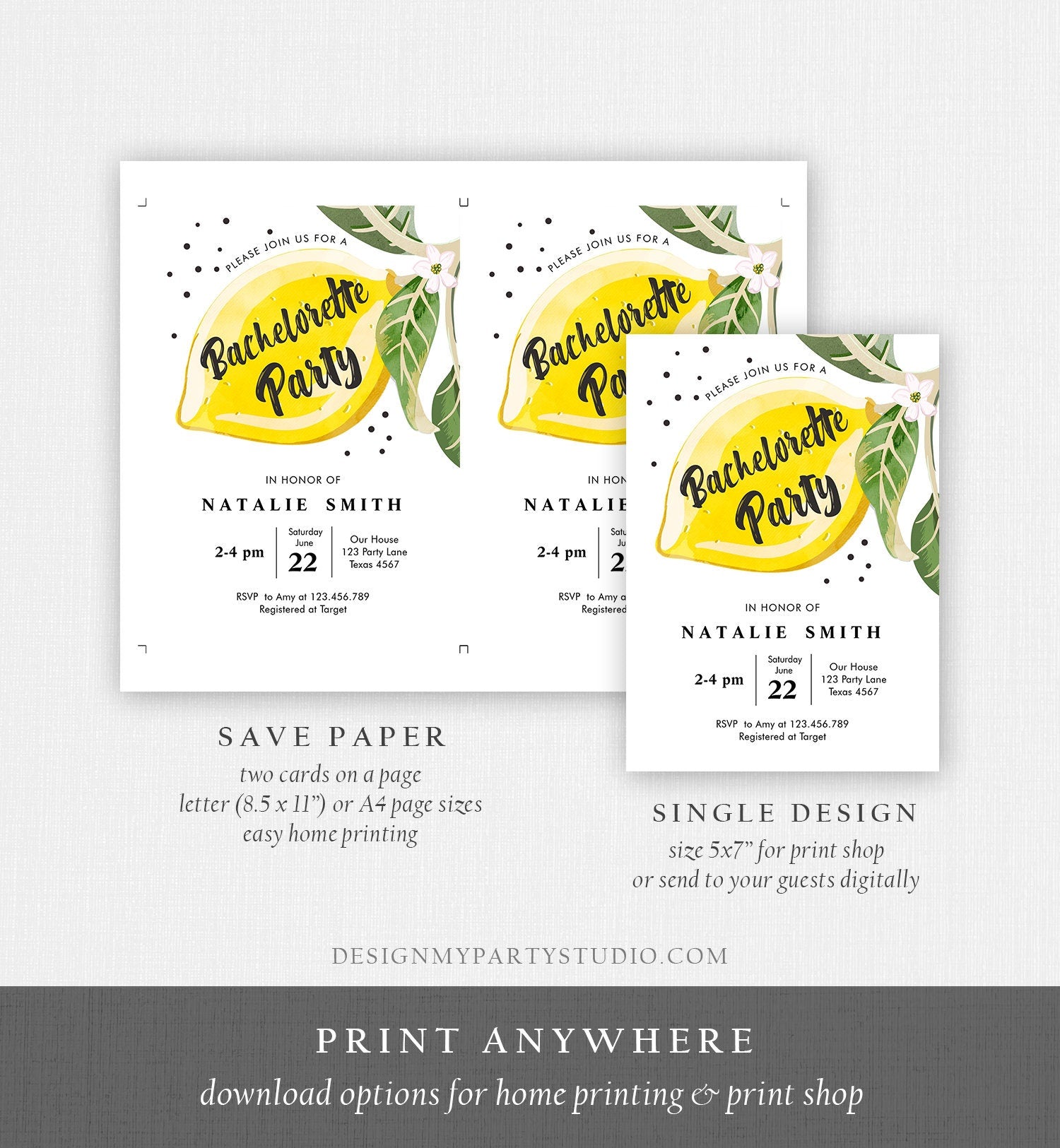 Editable Lemon Bachelorette Party Invitation Bohemian Citrus Rustic Greenery Summer Shower Lemonade Download Corjl Template Printable 0307