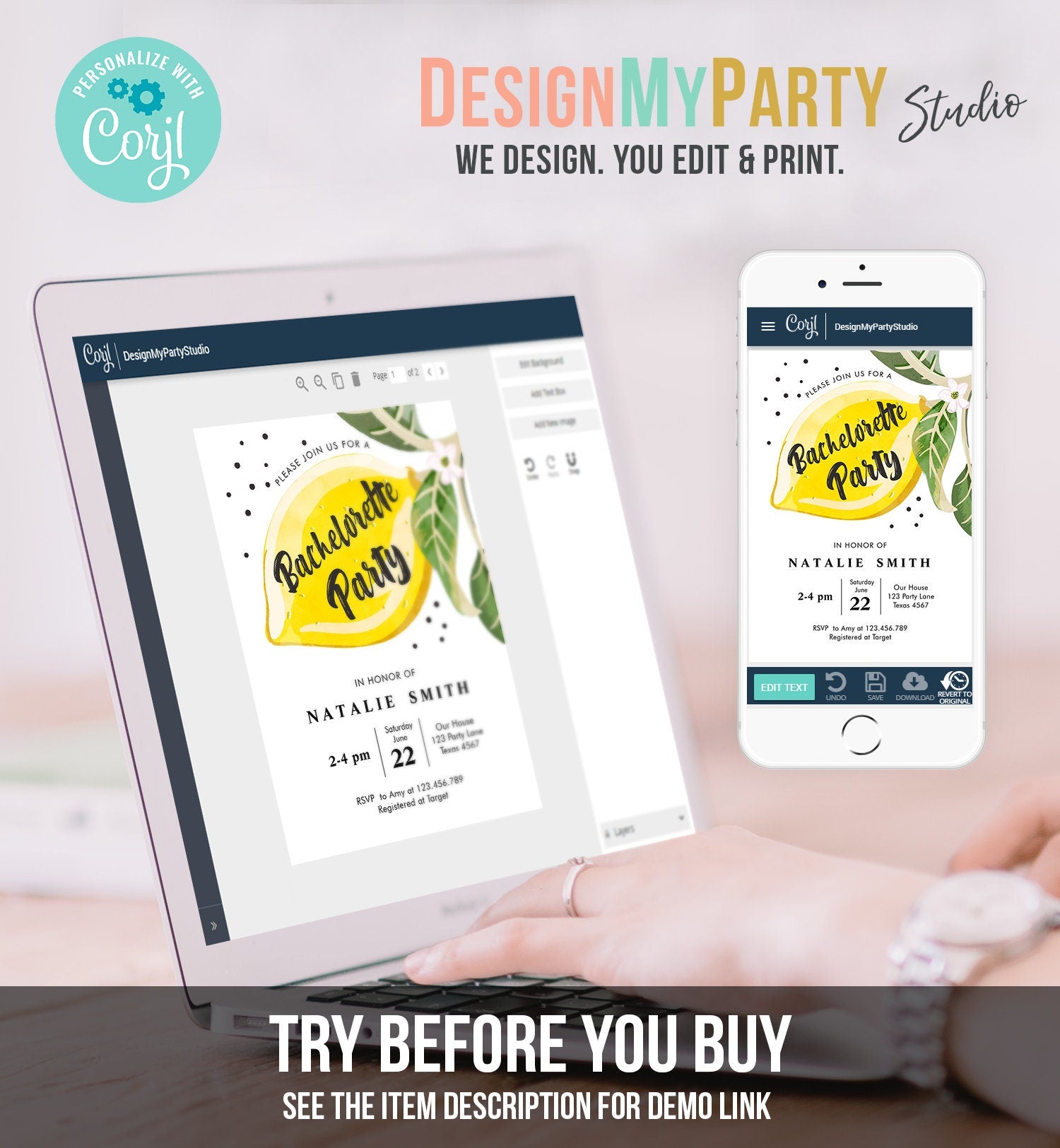 Editable Lemon Bachelorette Party Invitation Bohemian Citrus Rustic Greenery Summer Shower Lemonade Download Corjl Template Printable 0307