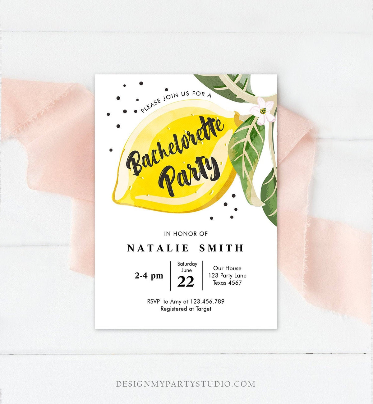 Editable Lemon Bachelorette Party Invitation Bohemian Citrus Rustic Greenery Summer Shower Lemonade Download Corjl Template Printable 0307