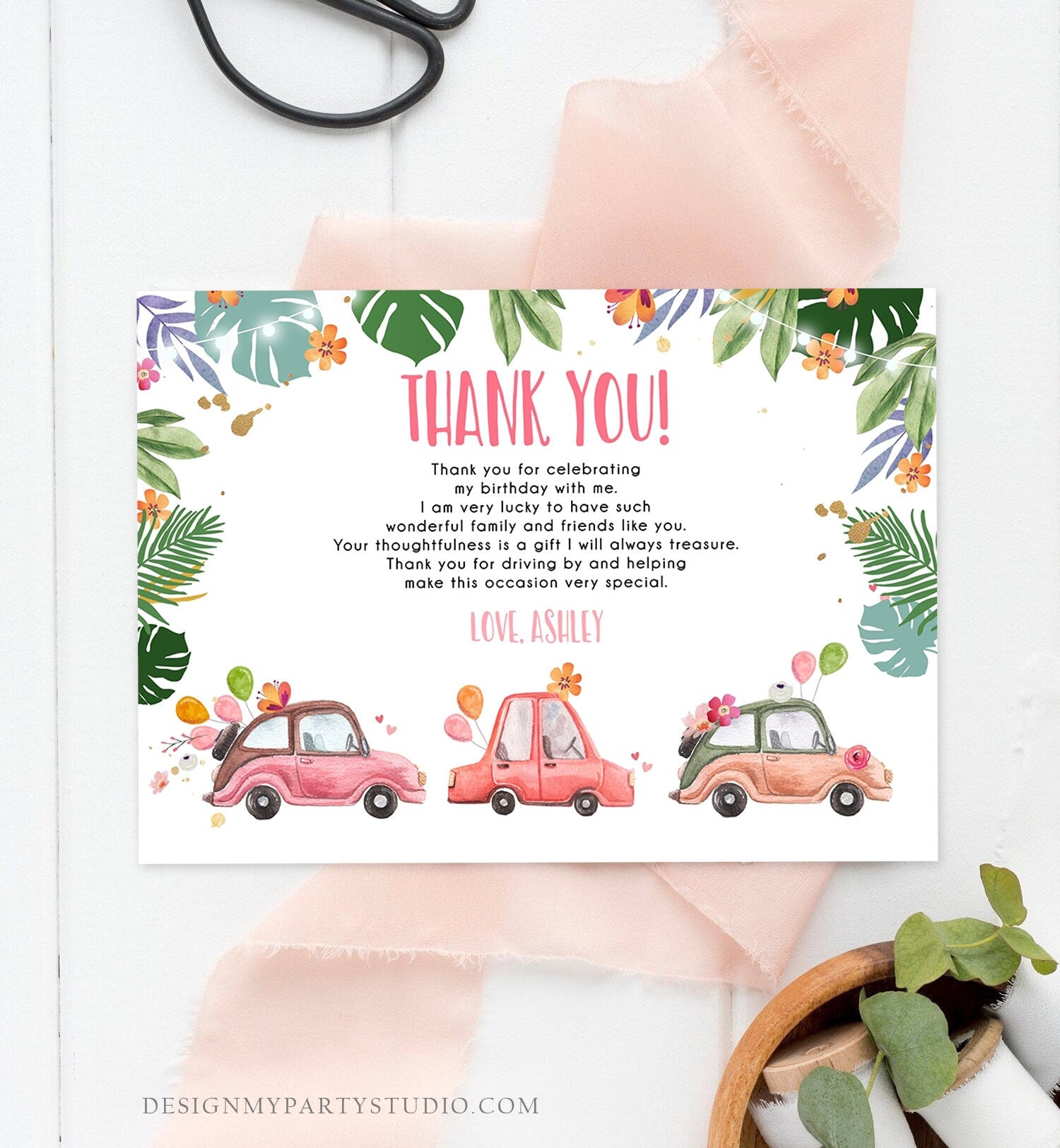 Editable Drive By Birthday Parade Thank You Card Virtual Party Tropical Woman Car Girl Pink Quarantine Instant Download Digital Corjl 0335
