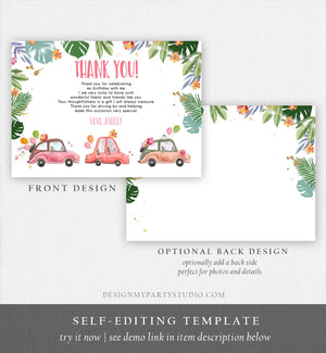 Editable Drive By Birthday Parade Thank You Card Virtual Party Tropical Woman Car Girl Pink Quarantine Instant Download Digital Corjl 0335