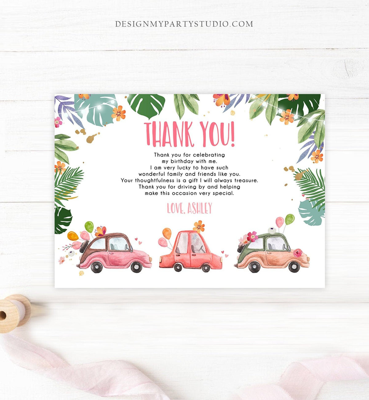 Editable Drive By Birthday Parade Thank You Card Virtual Party Tropical Woman Car Girl Pink Quarantine Instant Download Digital Corjl 0335