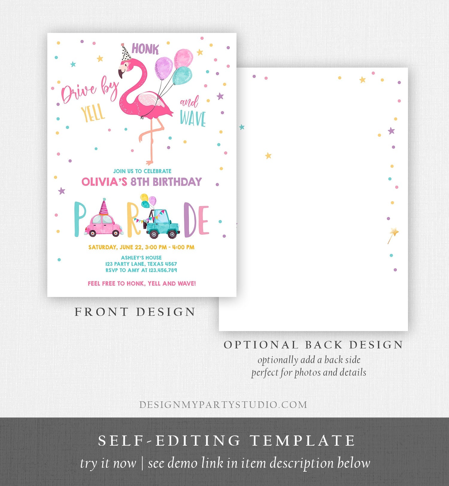 Editable Flamingo Drive By Birthday Parade Invitation Virtual Party Invite Honk Wave Car Girl Pink Quarantine Download Digital Corjl 0200