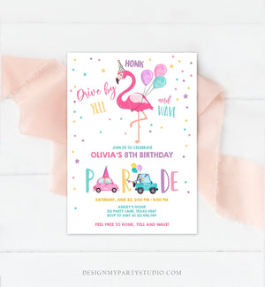 Editable Flamingo Drive By Birthday Parade Invitation Virtual Party Invite Honk Wave Car Girl Pink Quarantine Download Digital Corjl 0200