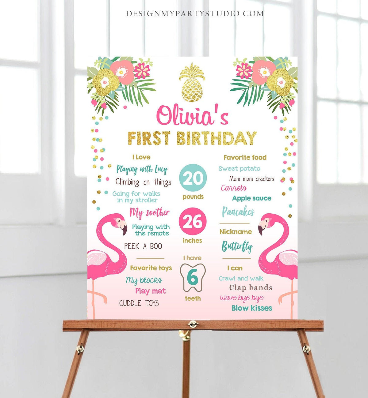 Editable Flamingo Aloha Birthday Milestones Sign Summer First Birthday 1st Birthday Girl Pink Gold Tropical Party Corjl Template 0200