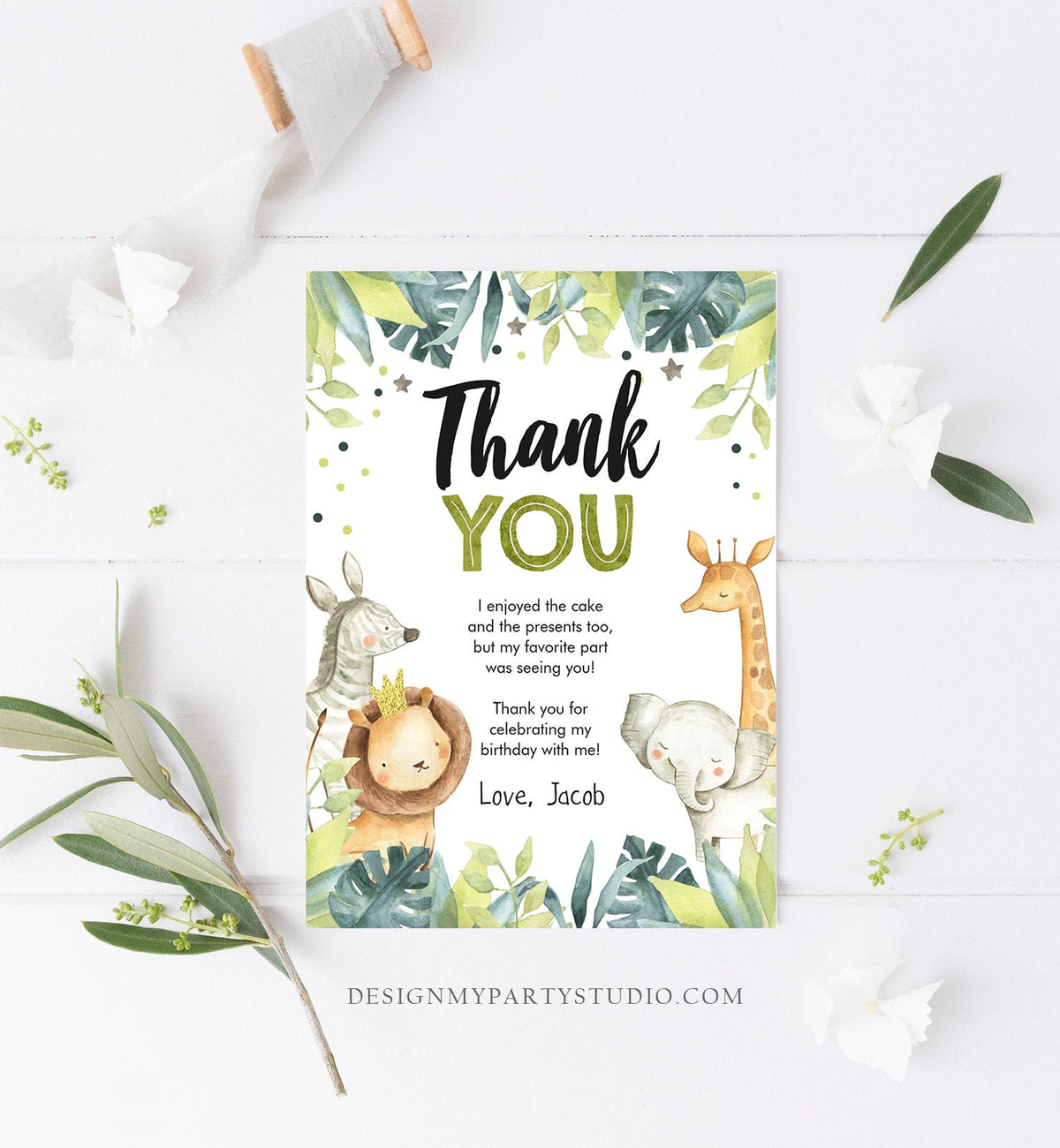 Editable Thank You Card Safari Animals Wild One Two Wild Thank You Note Boy Green Gold Jungle Zoo Party Animals Corjl Template Digital 0163