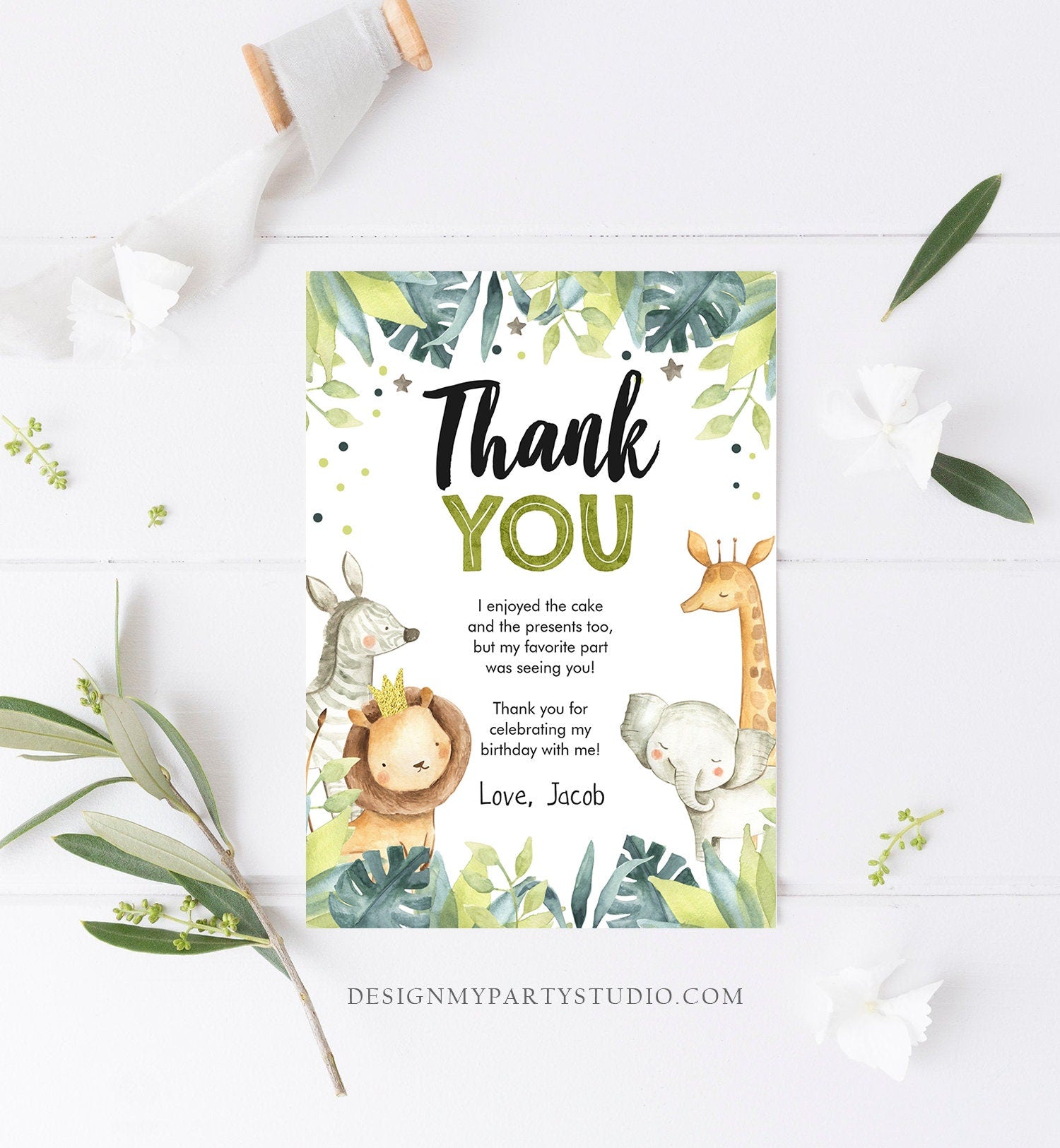 Editable Thank You Card Safari Animals Wild One Two Wild Thank You Note Boy Green Gold Jungle Zoo Party Animals Corjl Template Digital 0163
