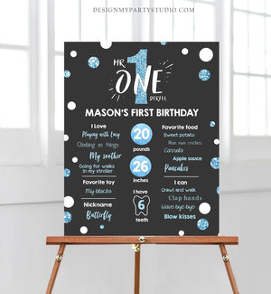Editable Mr Onederful Birthday Milestones Sign Black Blue Chalk Boy First Birthday Confetti 1st Party Download Corjl Template Printable 0072