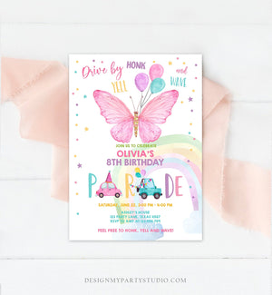 Editable Butterfly Drive By Birthday Parade Invitation Virtual Party Invite Honk Wave Car Girl Pink Quarantine Download Digital Corjl 0162