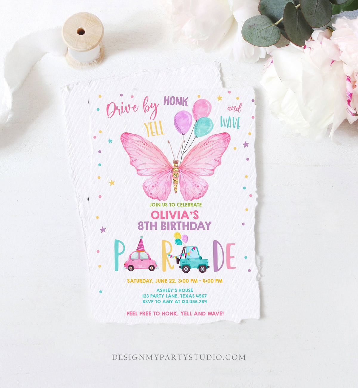 Editable Butterfly Drive By Birthday Parade Invitation Virtual Party Invite Honk Wave Car Girl Pink Quarantine Download Digital Corjl 0162
