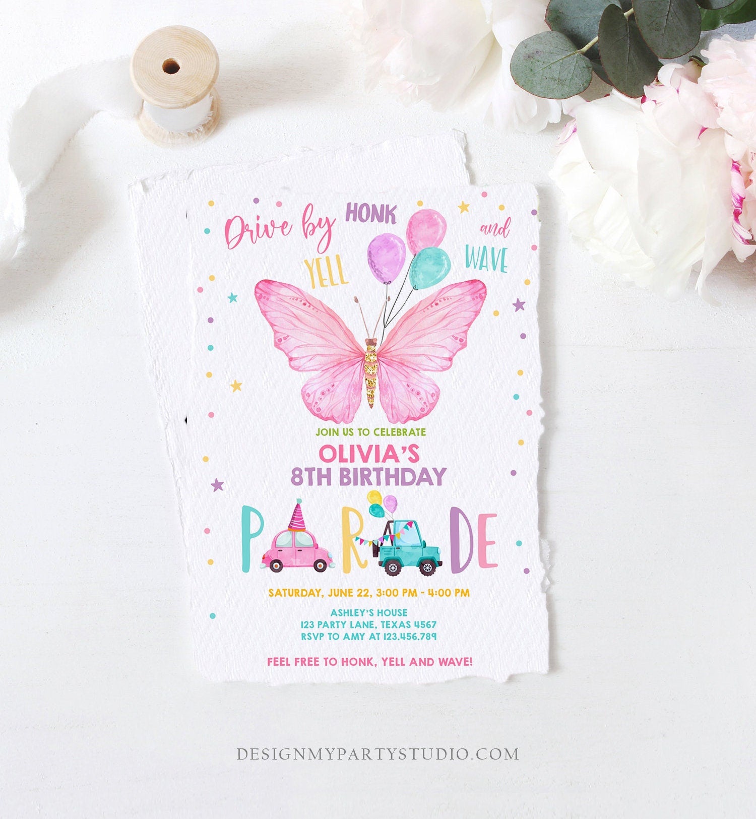 Editable Butterfly Drive By Birthday Parade Invitation Virtual Party Invite Honk Wave Car Girl Pink Quarantine Download Digital Corjl 0162