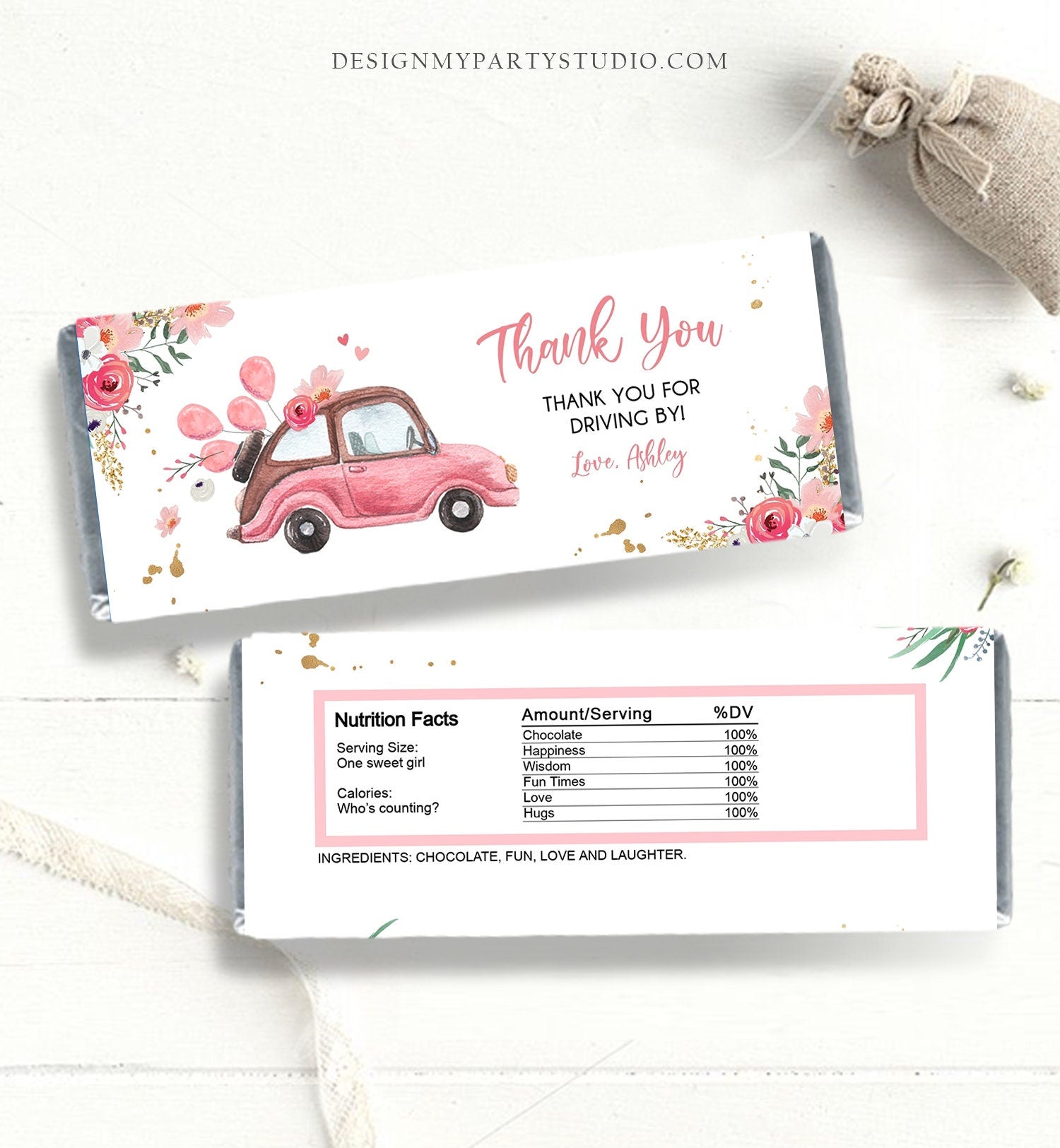 Editable Candy Bar Wrapper Drive By Birthday Candy Bar Wrapper Drive By Favors Party Parade Girl Baby Shower Thank You PRINTABLE Corjl 0335