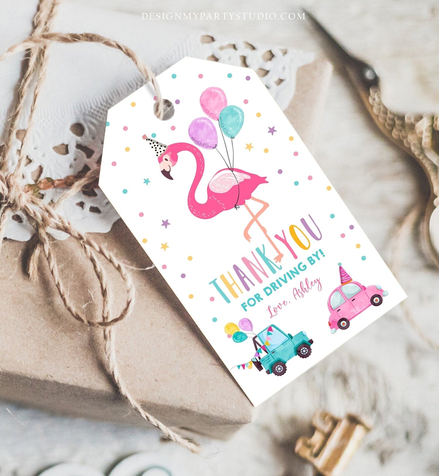 Editable Flamingo Favor Tag Drive By Birthday Favors Party Parade Cars Tropical Thank You Gift Tags Pink Girl Corjl Template Printable 0200