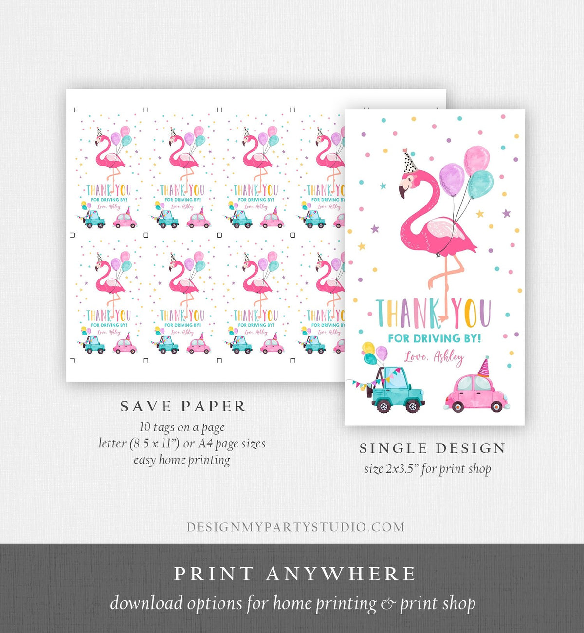 Editable Flamingo Favor Tag Drive By Birthday Favors Party Parade Cars Tropical Thank You Gift Tags Pink Girl Corjl Template Printable 0200