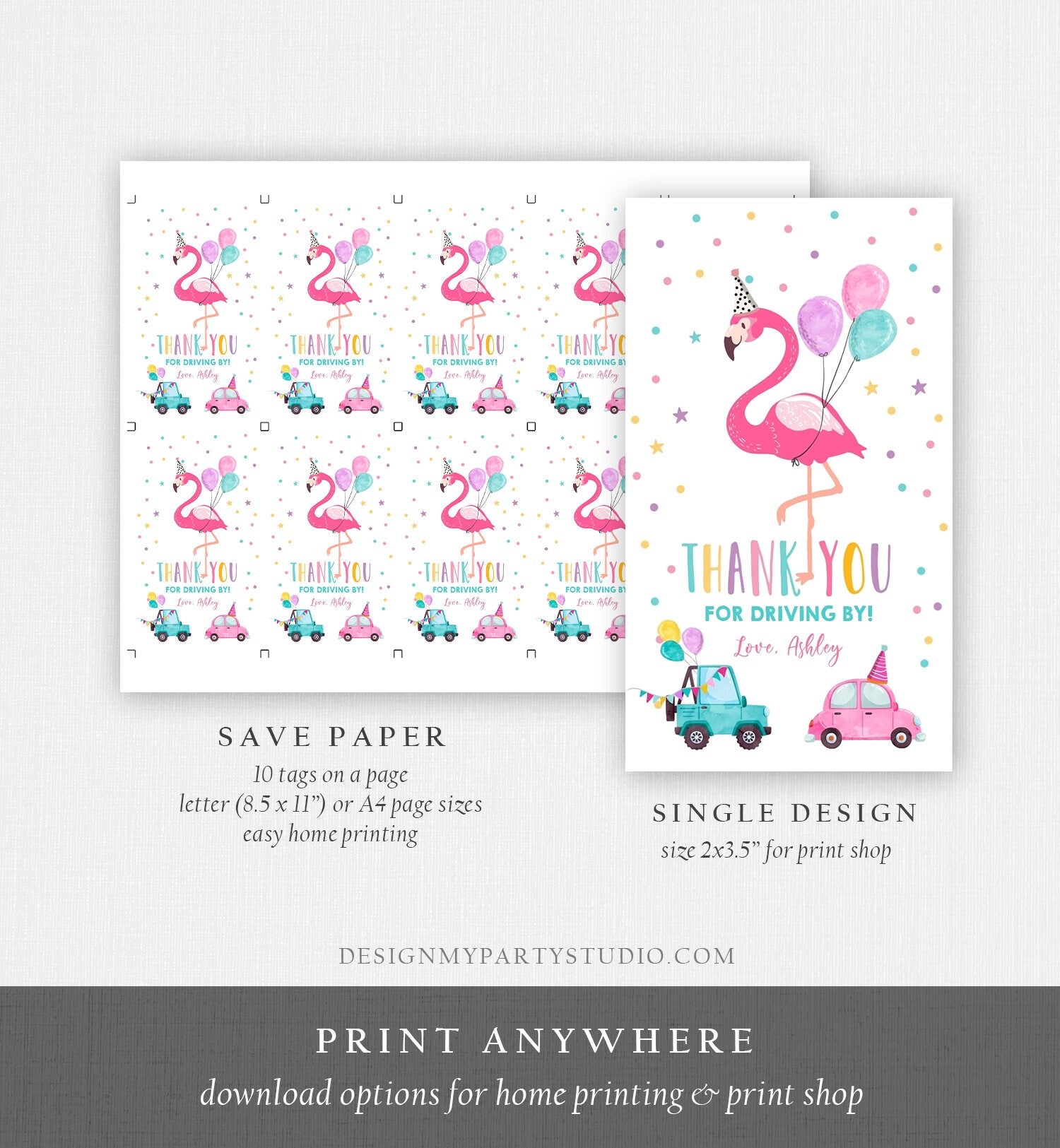 Editable Flamingo Favor Tag Drive By Birthday Favors Party Parade Cars Tropical Thank You Gift Tags Pink Girl Corjl Template Printable 0200