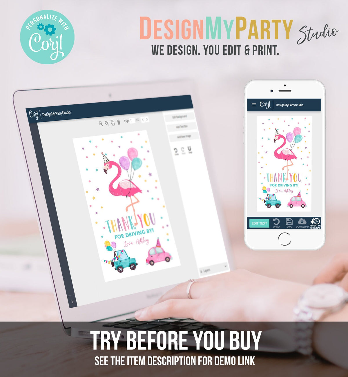 Editable Flamingo Favor Tag Drive By Birthday Favors Party Parade Cars Tropical Thank You Gift Tags Pink Girl Corjl Template Printable 0200