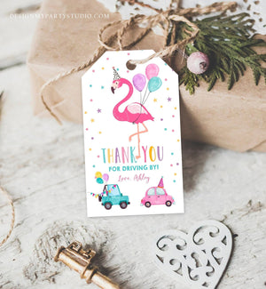 Editable Flamingo Favor Tag Drive By Birthday Favors Party Parade Cars Tropical Thank You Gift Tags Pink Girl Corjl Template Printable 0200