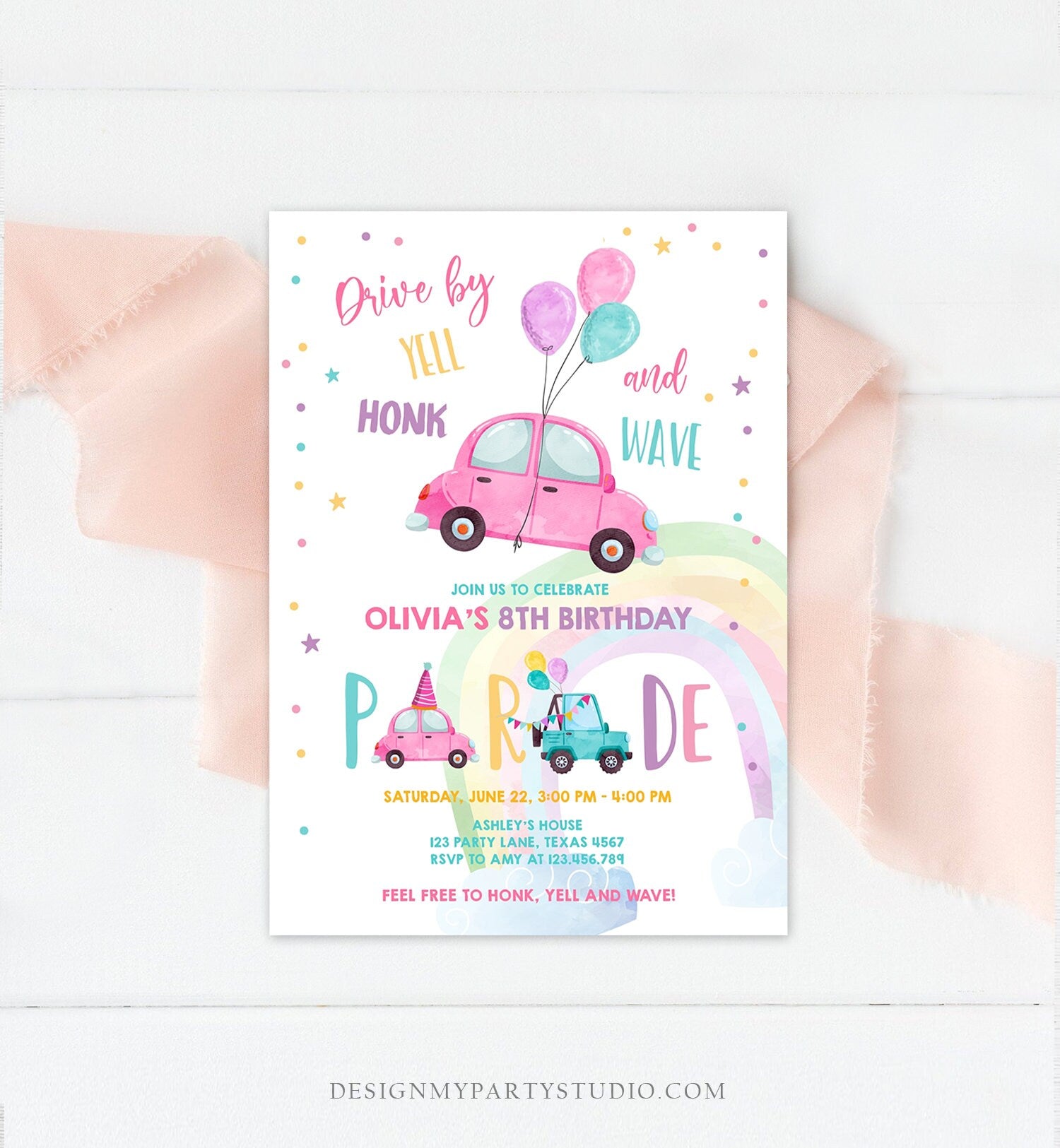 Editable Drive By Birthday Parade Invitation Balloons Rainbow Party Honk Wave Car Girl Pink Drive Through Download Corjl Template 0333