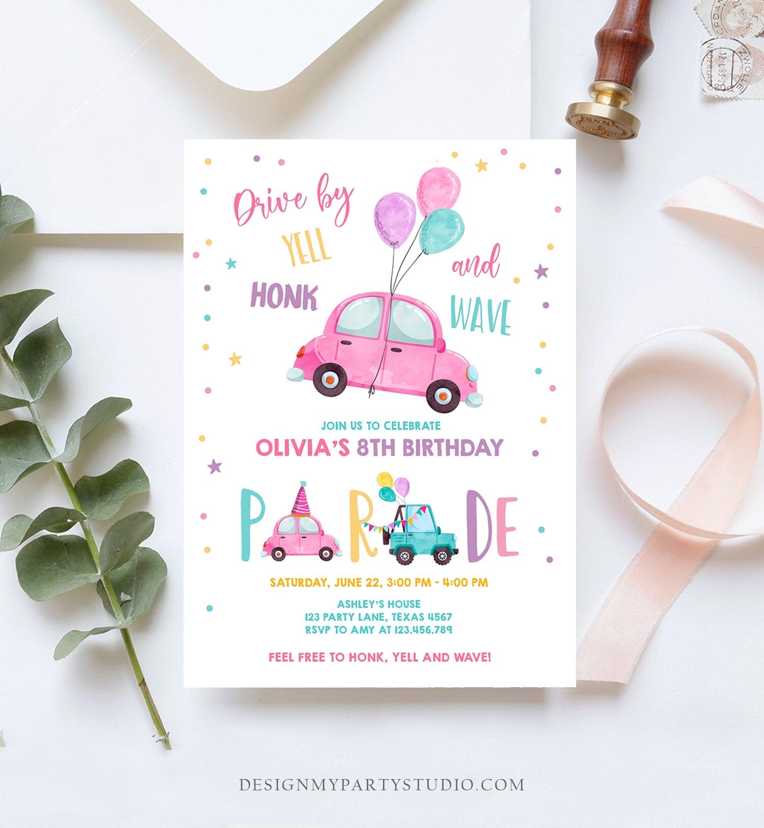 Editable Drive By Birthday Parade Invitation Balloons Rainbow Party Honk Wave Car Girl Pink Drive Through Download Corjl Template 0333