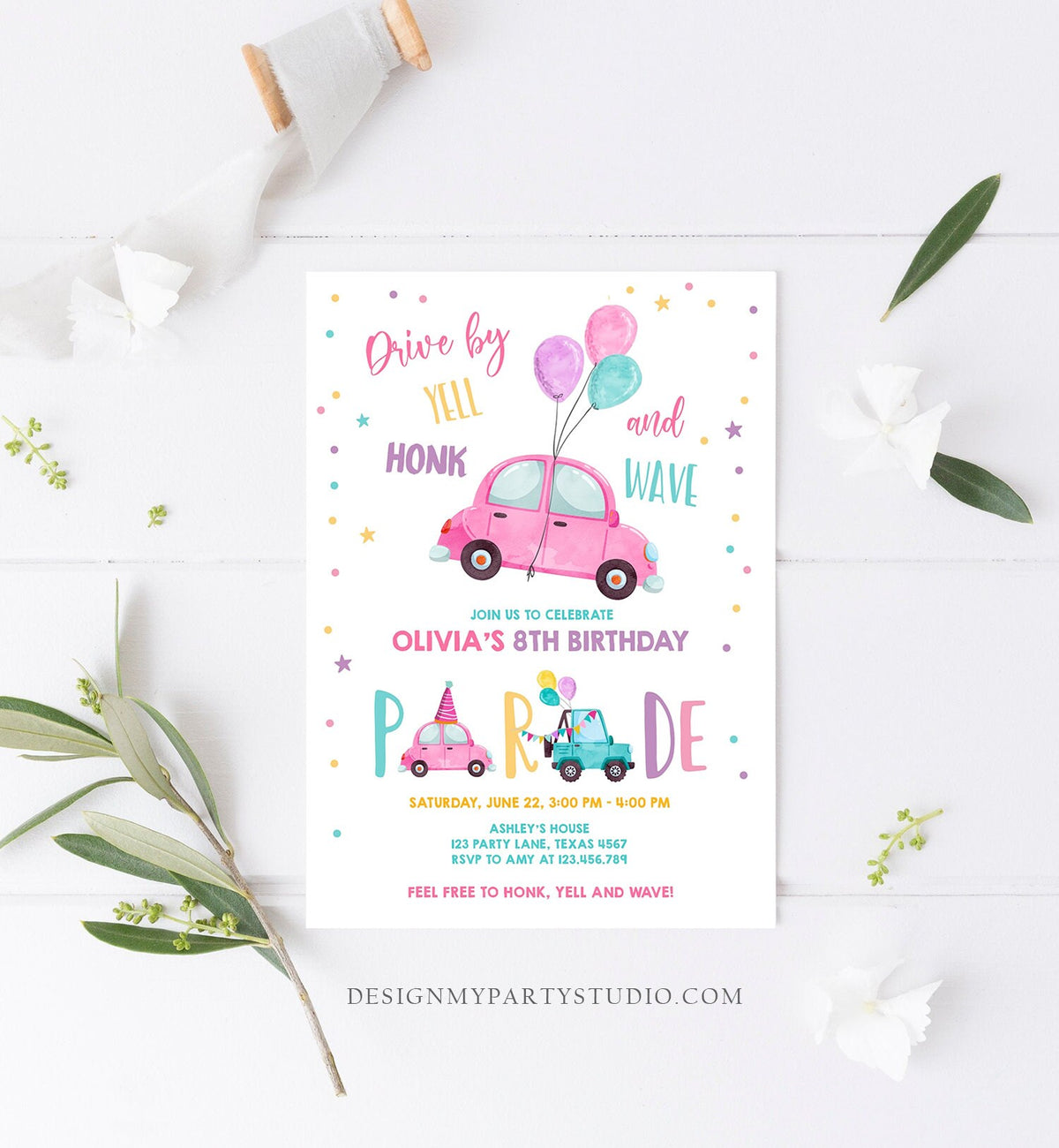 Editable Drive By Birthday Parade Invitation Balloons Rainbow Party Honk Wave Car Girl Pink Drive Through Download Corjl Template 0333