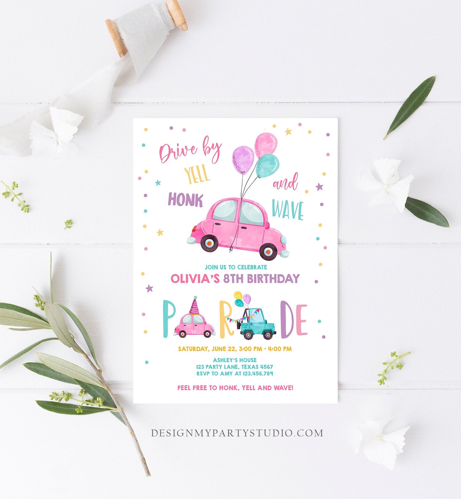 Editable Drive By Birthday Parade Invitation Balloons Rainbow Party Honk Wave Car Girl Pink Drive Through Download Corjl Template 0333