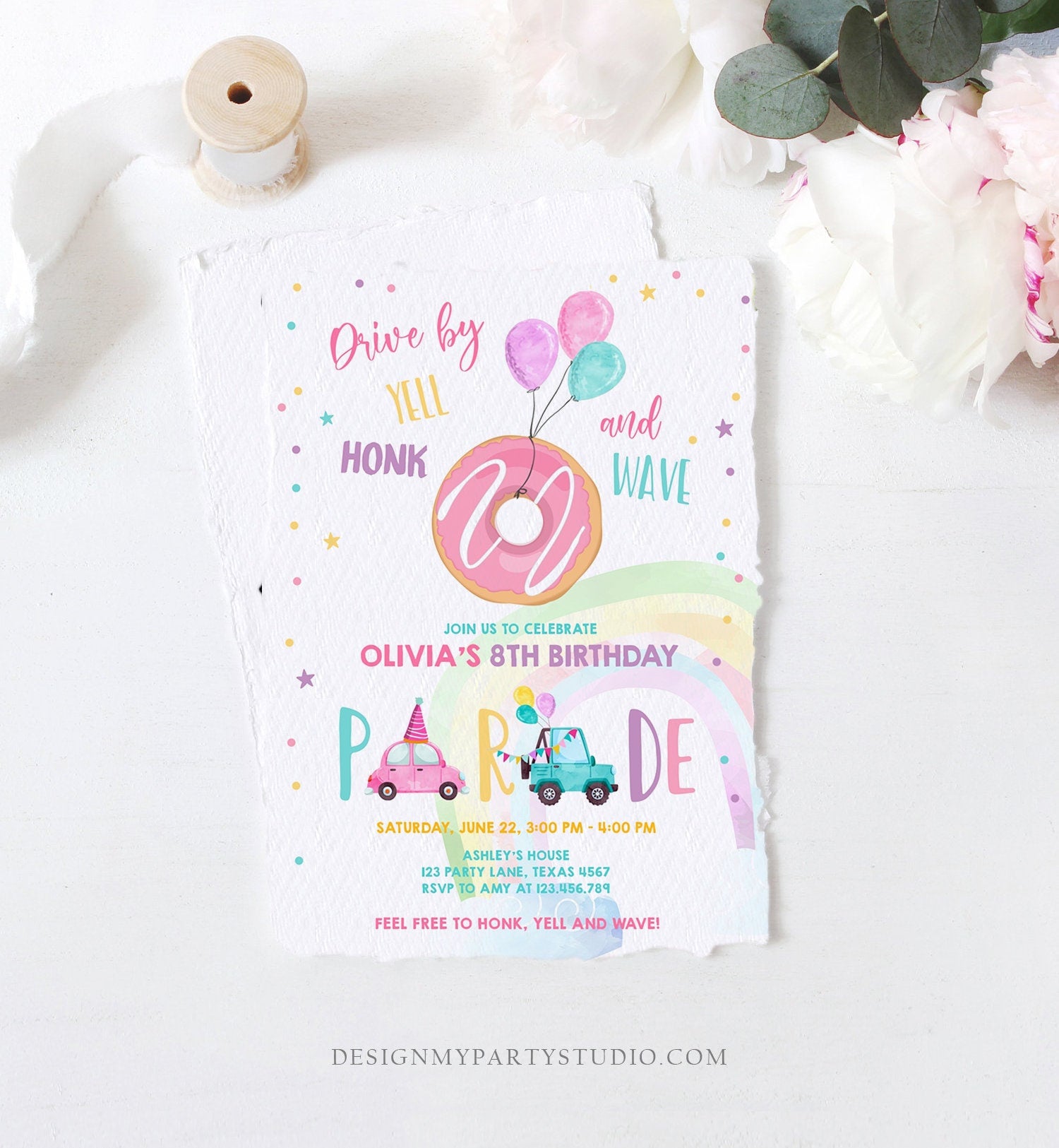 Editable Drive By Donut Birthday Parade Invitation Balloons Rainbow Party Honk Wave Car Girl Pink Drive Through Download Corjl Template 0343
