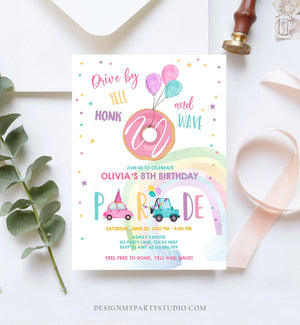 Editable Drive By Donut Birthday Parade Invitation Balloons Rainbow Party Honk Wave Car Girl Pink Drive Through Download Corjl Template 0343