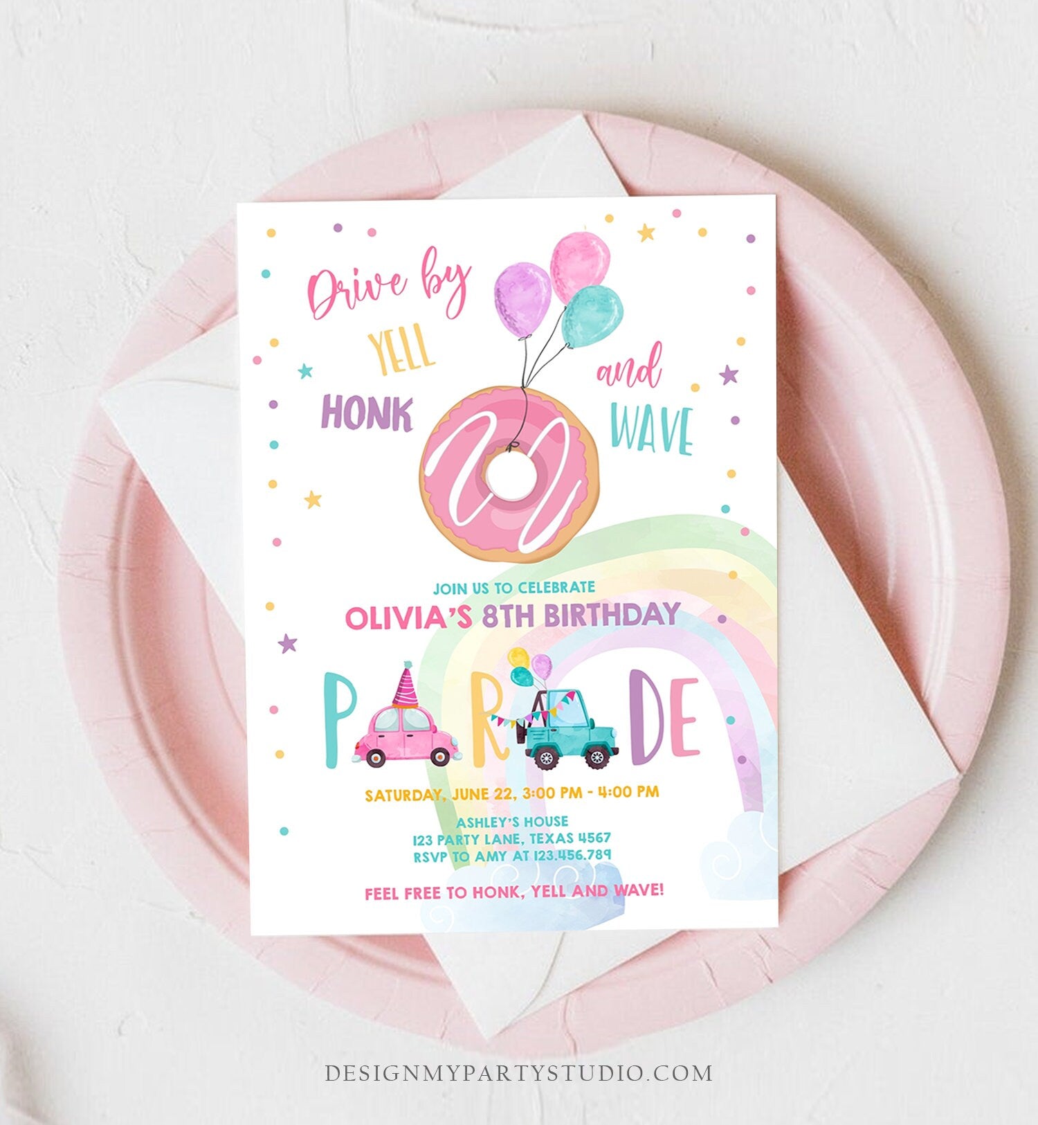 Editable Drive By Donut Birthday Parade Invitation Balloons Rainbow Party Honk Wave Car Girl Pink Drive Through Download Corjl Template 0343