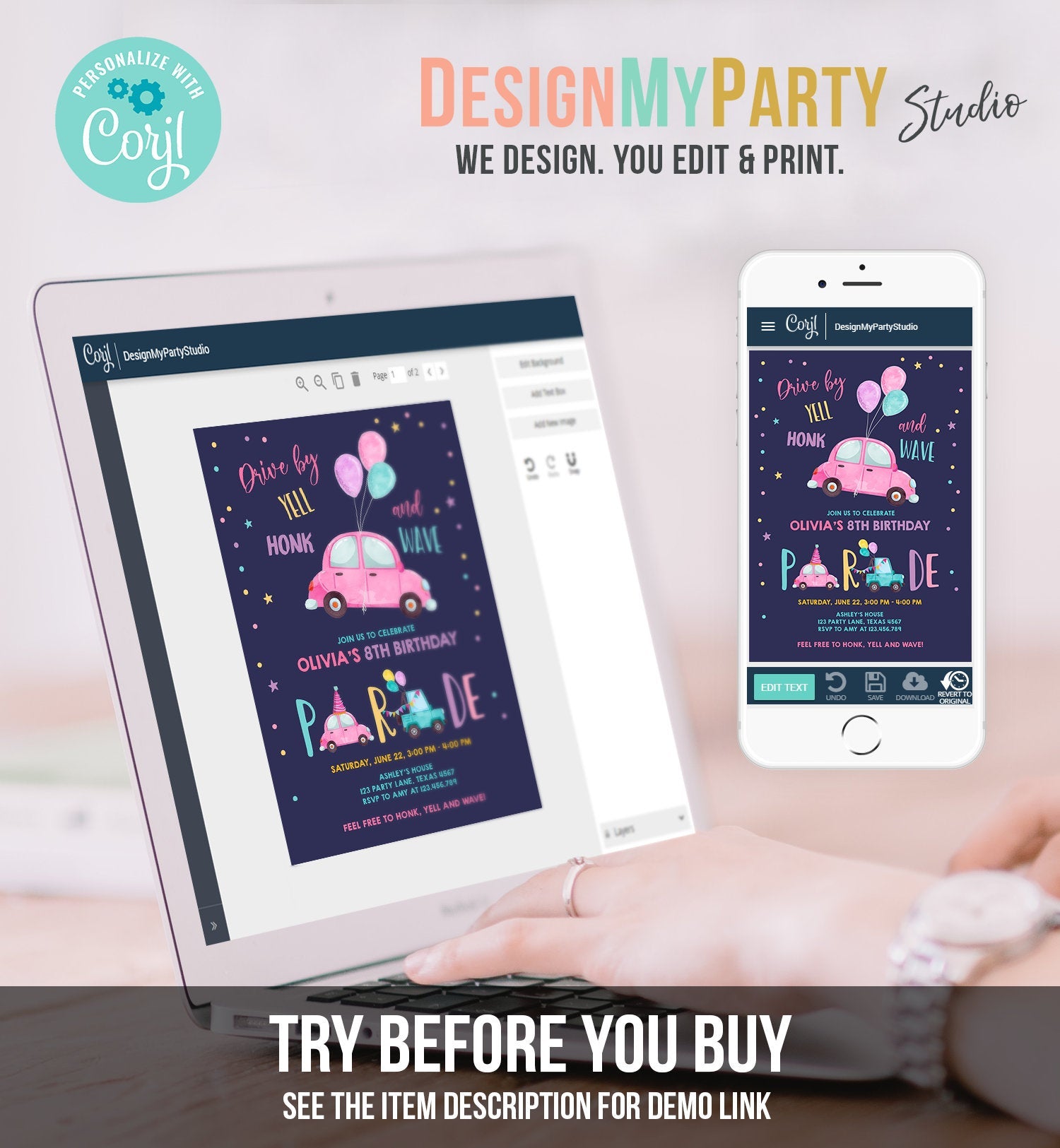 Editable Drive By Birthday Parade Invitation Balloons Rainbow Party Honk Wave Car Girl Pink Drive Through Download Corjl Template 0333