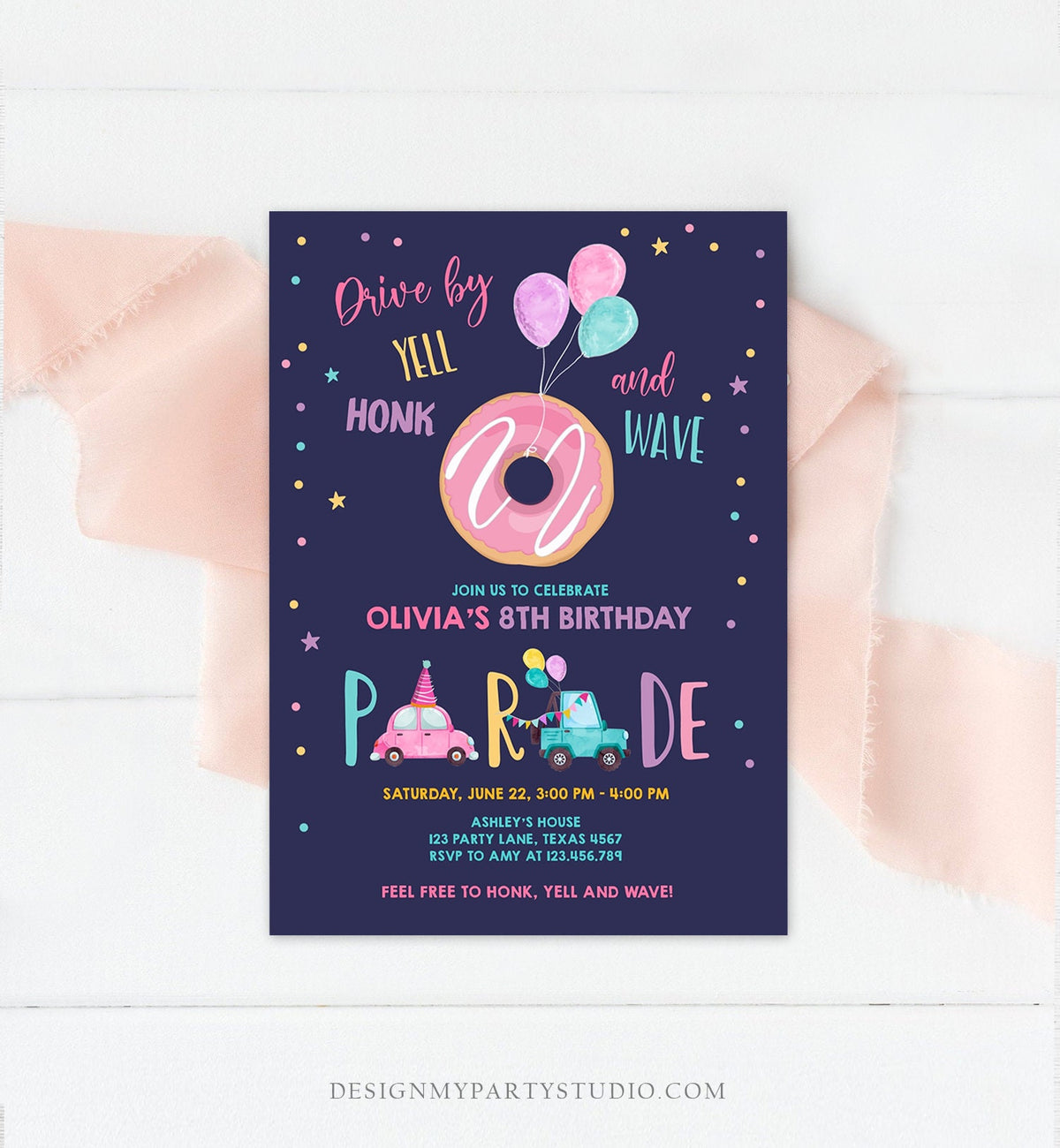 Editable Donut Drive By Birthday Parade Invitation Balloons Rainbow Party Honk Wave Car Girl Pink Drive Through Download Corjl Template 0343