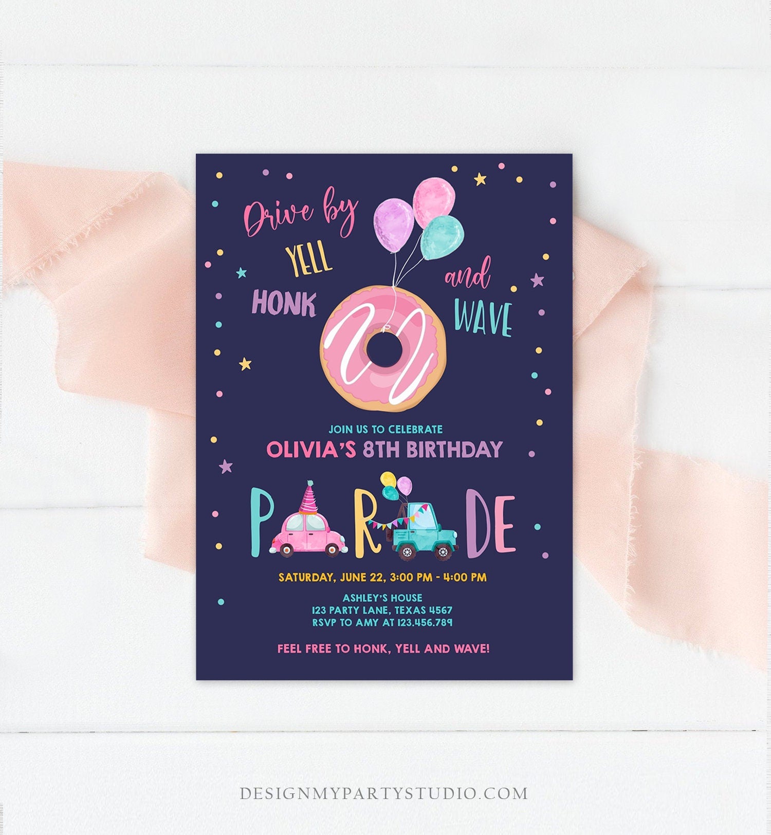 Editable Donut Drive By Birthday Parade Invitation Balloons Rainbow Party Honk Wave Car Girl Pink Drive Through Download Corjl Template 0343