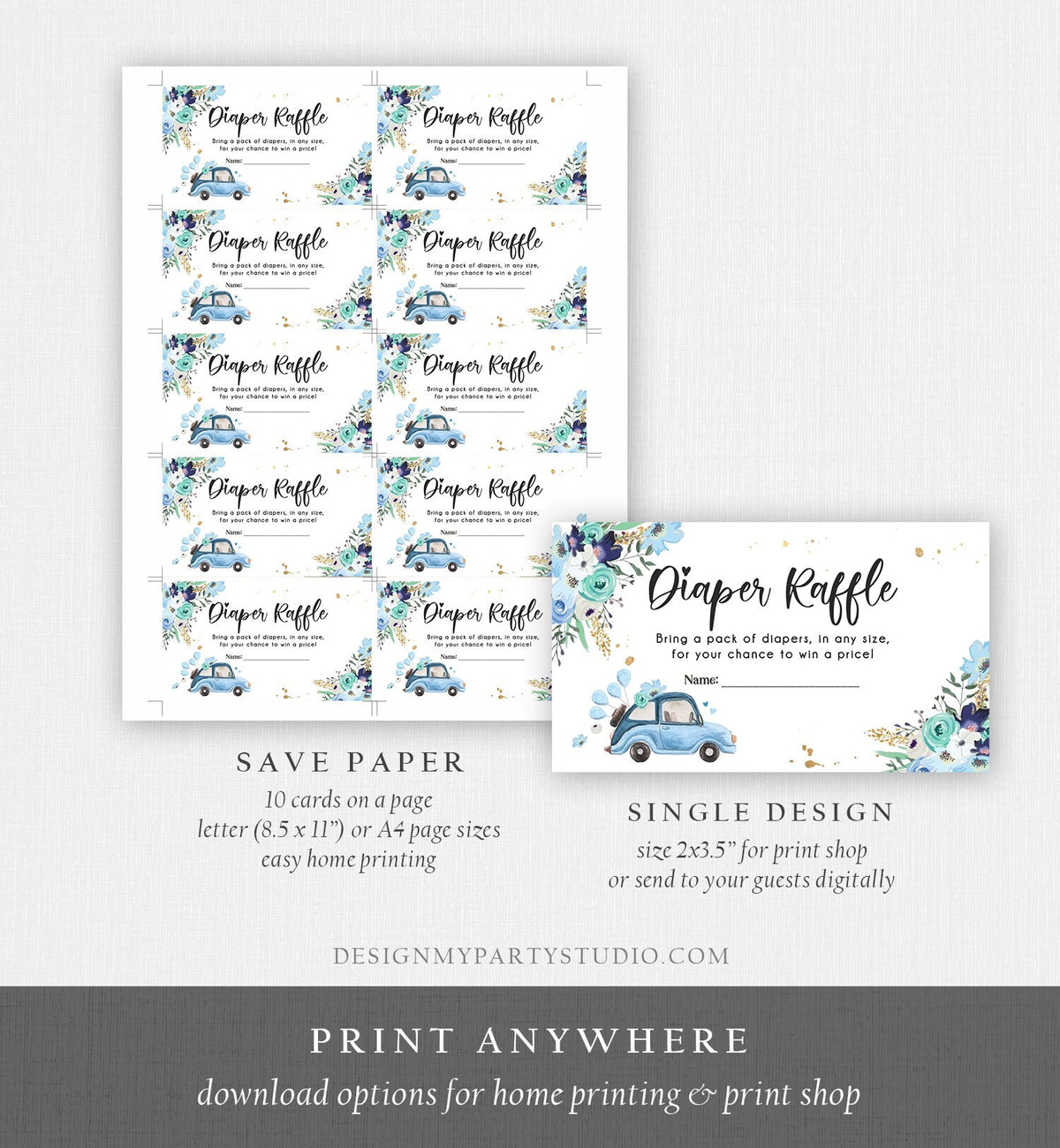Editable Drive By Diaper Raffle Ticket Baby Shower Navy Blue Floral Boy Drive Through Diaper Game Insert Ticket Digital Corjl Template 0335