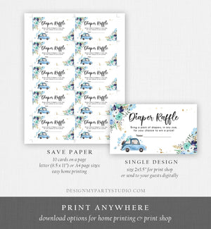 Editable Drive By Diaper Raffle Ticket Baby Shower Navy Blue Floral Boy Drive Through Diaper Game Insert Ticket Digital Corjl Template 0335