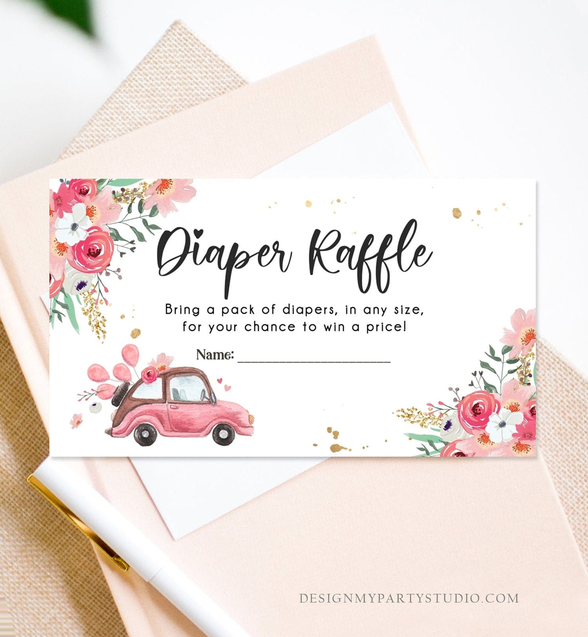 Editable Drive By Diaper Raffle Ticket Baby Shower Pink Floral Girl Drive Through Diaper Game Book Insert Ticket Digital Corjl Template 0335